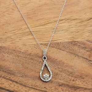 Dainty All Diamonds Teardrop Pendant & Necklace 10K Solid White Gold 19" NWOT